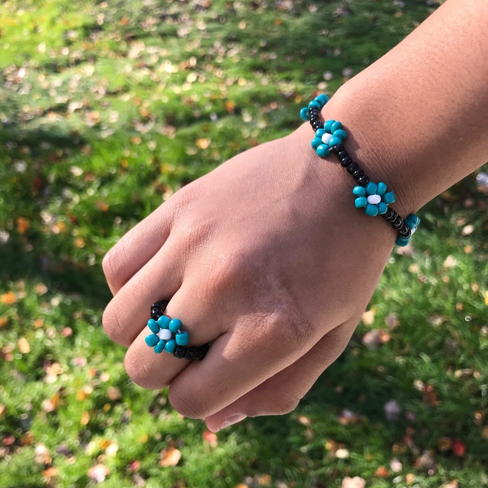 Teal and black flower bracelet